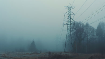 A power line tower in a foggy landscape, evoking a sense of mystery and the unseen energy that powers our daily lives.の素材