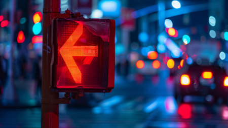 A red arrow signal prohibiting left turns, indicating traffic to yield and proceed straight at an intersection.の素材