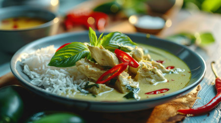 A plate of Thai green curry served with jasmine rice and garnished with sliced red chili peppers, exemplifying the bold flavors of Thai cuisine.の素材