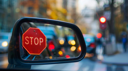 A red stop signal reflected in a rearview mirror, reminding drivers to obey traffic laws and regulations.の素材
