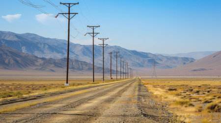 A row of electrical transmission towers stretching into the horizon, conveying the power and reach of modern infrastructure.の素材