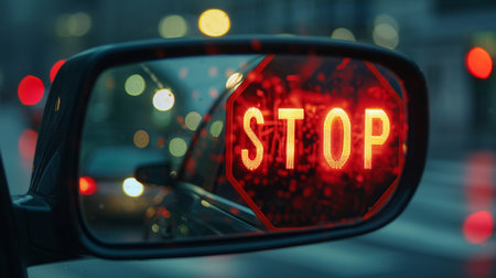 A red stop signal reflected in a rearview mirror, reminding drivers to obey traffic laws and regulations.の素材