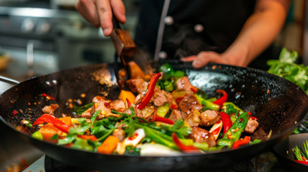 A Thai chef stirring a wok filled with colorful vegetables and slices of meat, seasoned with aromatic Thai pepper paste.の素材