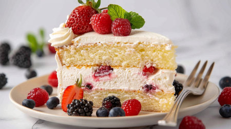 A slice of moist and fluffy vanilla cake with layers of whipped cream and fresh berries, perfect for a summertime dessert.の素材