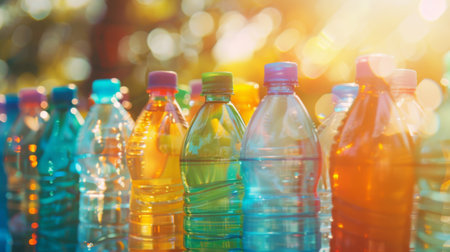 A vibrant array of plastic water bottles glistening under the sun, a symbol of hydration and sustainability.の素材