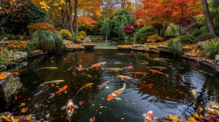 A tranquil koi pond surrounded by autumn foliage, creating a serene atmosphere of harmony and change.の素材