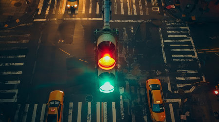 A traffic light suspended above an intersection with multiple lanes of traffic, guiding vehicles with clear signals.の素材