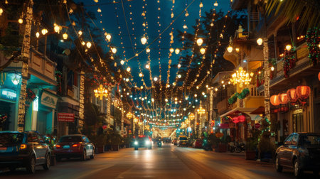 The city's main avenue ablaze with lights and adorned with festive decorations during a lively cultural celebration.の素材