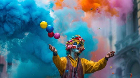 Vibrant clouds of smoke enveloping a street performer juggling colorful balls, adding visual interest to the performance.の素材