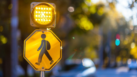 A yellow caution light flashing atop a school zone sign, warning drivers to slow down for pedestrian safety.の素材
