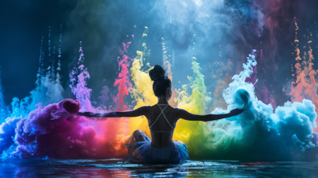 Brightly colored smoke swirling around a dancer during a performance, enhancing the visual impact of the choreography.の素材