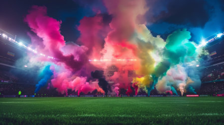 Colorful smoke from a smoke bomb engulfing a sports stadium during a thrilling halftime show, creating an electrifying atmosphere.の素材