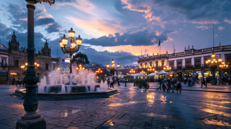 The historic city's main square bustling with life under the glow of street lamps and illuminated fountains, a hub of activity.の素材