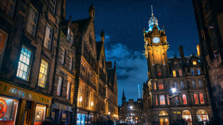 The city's iconic clock tower illuminated against the night sky, serving as a beacon of time amidst the bustling streets below.の素材
