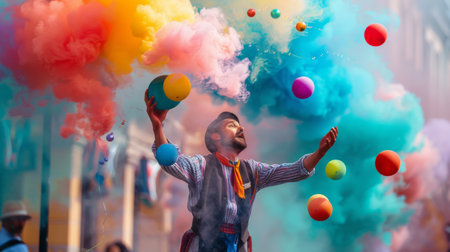 Vibrant clouds of smoke enveloping a street performer juggling colorful balls, adding visual interest to the performance.の素材