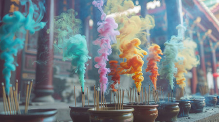Colorful smoke from incense sticks wafting through a tranquil meditation space, creating a serene ambiance.の素材