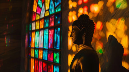 Silhouette of a Buddha statue's shadow against a colorful stained glass window in a temple, blending spirituality with artistry.の素材