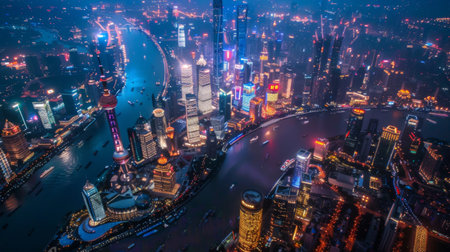 Aerial view of the city's illuminated skyline, showcasing the modern and ancient landmarks bathed in dazzling lights.の素材