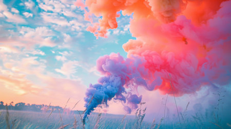 Vibrant clouds of smoke from a colorful smoke bomb drifting across a serene landscape, adding an element of surprise and intrigue.の素材