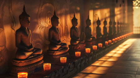 Soft candlelight casting shadows of Buddha statues on temple walls, illuminating the path of spiritual awakening.の素材