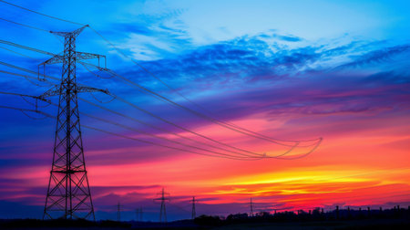 Silhouette of a power line tower at sunset, highlighting the silhouette against a colorful sky, representing the transition to night.の素材