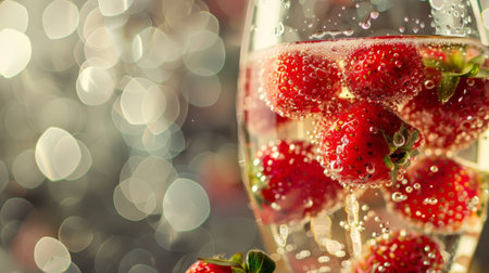 A glass of fizzy champagne with floating strawberries, adding a touch of elegance and sweetness to celebratory toasts.の素材