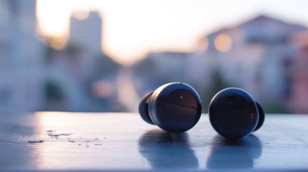 A close-up of wireless earphones with noise-canceling technology, providing immersive audio experiences without distractions.の素材