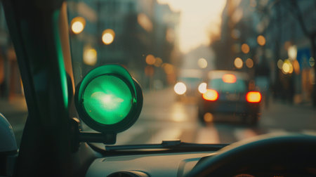 A driver's perspective of a green traffic light ahead, signaling permission to proceed through an intersection.の素材