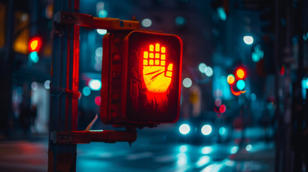 A pedestrian crossing signal displaying a red hand symbol, indicating pedestrians to wait before crossing the street.の素材