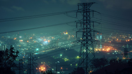 A power line tower at night, illuminated by the glow of city lights, showcasing the continuous flow of electricity that powers urban life.の素材