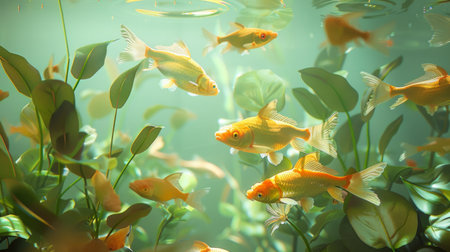 A dazzling aquarium display featuring golden fish gracefully gliding amidst aquatic plants, radiating elegance and tranquility.の素材
