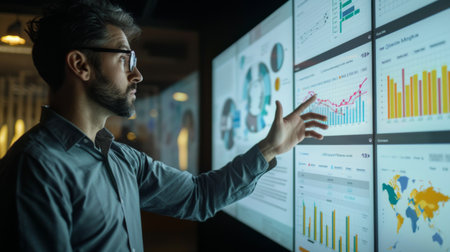An entrepreneur analyzing market dynamics using interactive touchscreens with real-time business graphs.の素材
