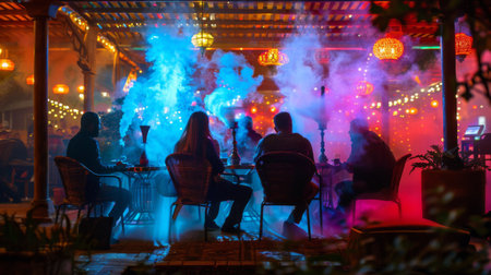 Colorful smoke swirling around a group of friends enjoying a hookah session at a vibrant outdoor lounge.の素材