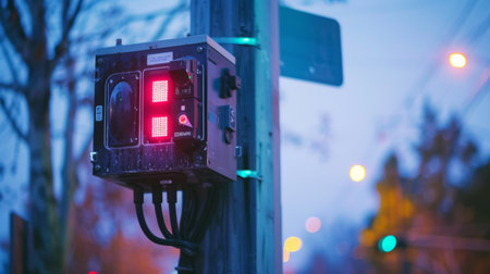 A traffic signal controller box mounted on a roadside pole, managing the timing and sequencing of traffic lights.の素材