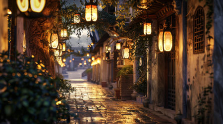 Glowing lanterns lining the ancient streets of the capital city, casting a warm and inviting glow on historic architecture.の素材