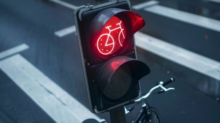 A traffic signal with a bicycle symbol, designating a dedicated lane for cyclists at an intersection.の素材
