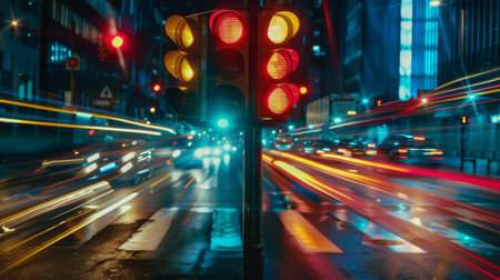 A traffic signal at night with streaks of light from passing vehicles, emphasizing urban traffic flow and safety.の素材