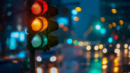 A traffic light changing from green to yellow, signaling drivers to slow down and prepare to stop at an intersection.の素材