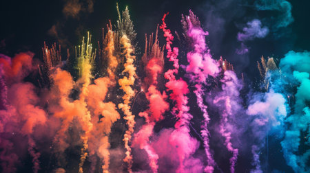 Brightly colored smoke trails left behind by fireworks bursting in the night sky during a festive occasion.の素材