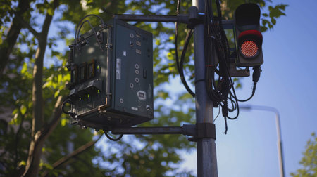 A traffic signal controller box mounted on a roadside pole, managing the timing and sequencing of traffic lights.の素材