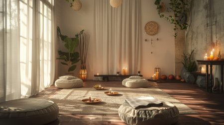 A serene meditation space with floor cushions, candles, and incense, providing a tranquil oasis for mindfulness and inner peace.の素材