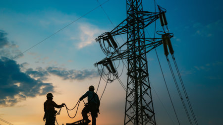 Workers installing power lines on a tower with a crane, demonstrating the ongoing maintenance and expansion of electrical networks.の素材
