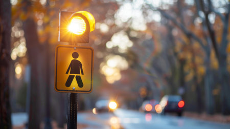 A yellow caution light flashing atop a school zone sign, warning drivers to slow down for pedestrian safety.の素材