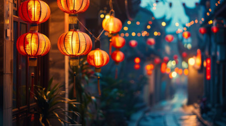 Glowing lanterns lining the ancient streets of the capital city, casting a warm and inviting glow on historic architecture.の素材