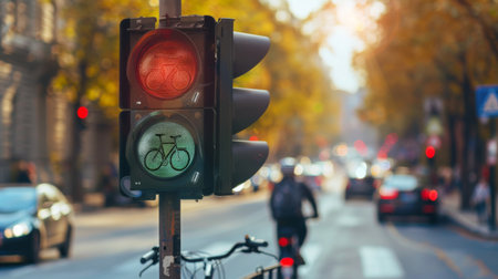 A traffic signal with a bicycle symbol, designating a dedicated lane for cyclists at an intersection.の素材