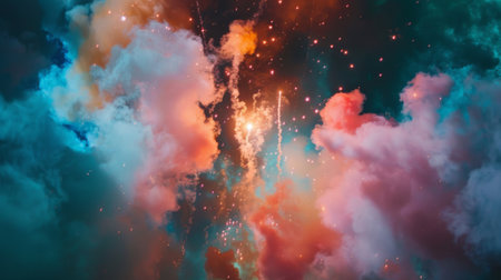 Colorful smoke from fireworks illuminating the night sky during a festive celebration, filling the air with magic and wonderの素材