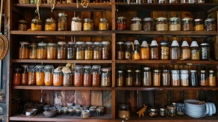 A traditional Thai kitchen with shelves stocked with jars of various spices and seasonings, including Thai chili flakes and pepper.の素材