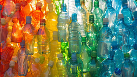 A vibrant array of plastic water bottles glistening under the sun, a symbol of hydration and sustainability.の素材