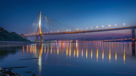 The iconic bridge spanning the river, illuminated by shimmering lights reflected in the tranquil waters below, a symbol of connectivity.の素材