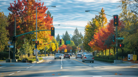 A traffic light intersection with colorful autumn trees in the background, blending urban infrastructure with natural scenery.の素材